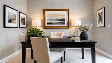 Fototapeta premium A modern office space featuring a stylish black desk, comfortable chair, artwork on the walls, and decorative plants, creating a serene working environment.