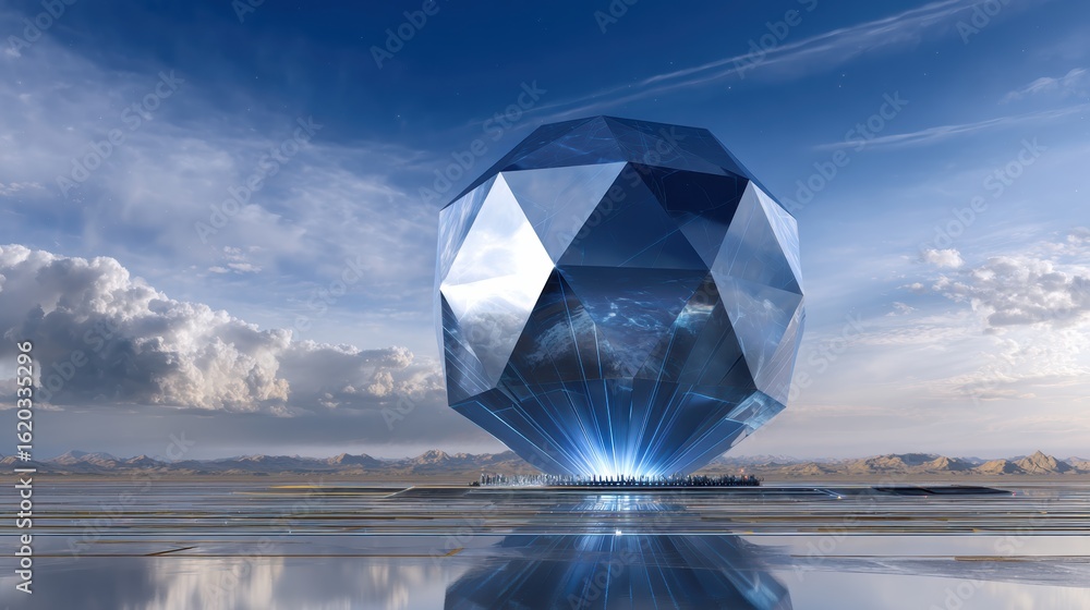 Poster a large, futuristic crystal structure emits light against a scenic backdrop of mountains and clouds,