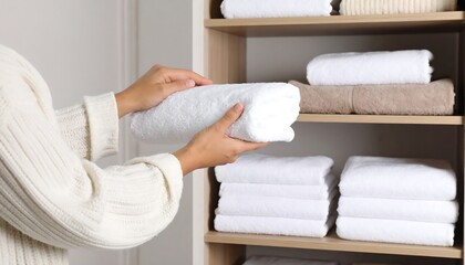 Woman's hands placing a rolled white towel onto a shelf amongst neatly stacked towels