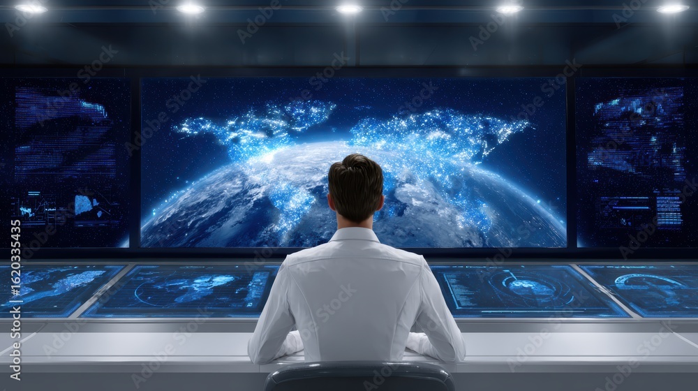 Aufkleber a person observes earth from a futuristic control room, surrounded by high-tech screens displaying d