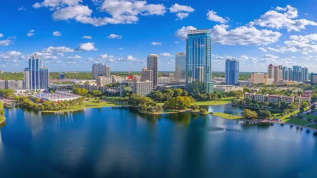 Panoramic view of a city with skyscrapers, a lake, and lush greenery under a partly cloudy sky