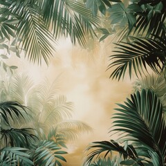 Lush green tropical palm tree leaves and branches reach towards a clear summer sky, evoking a serene island paradise