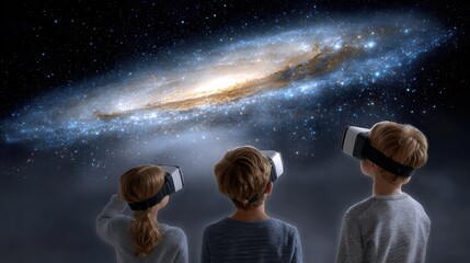 Three children wearing VR headsets gaze at a stunning galaxy, exploring the wonders of space through virtual reality.