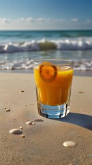 Obraz premium orange juice in transparent glass kept in a beach