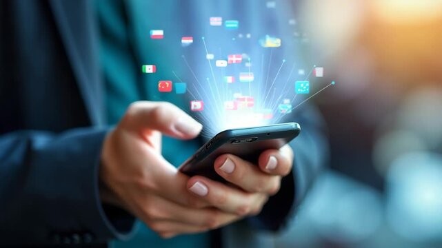 AI-Powered Language Translation Technology. Users using smartphone with AI multiple languages, artificial intelligence driven multilingual translation, global communication technology.