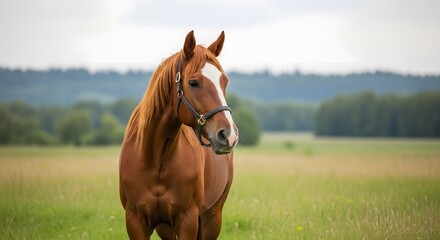Chestnut Horse Standing in Grassy Field with White Blaze and Forest Backdrop