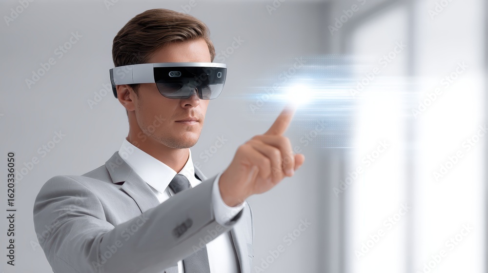 Poster a man in a suit uses futuristic augmented reality glasses, interacting with a virtual interface thro