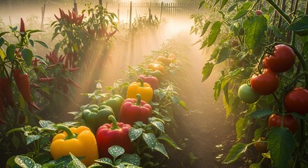 Colorful Peppers and Tomatoes Growing in Sunlit Garden