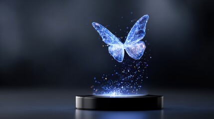 A shimmering blue butterfly appears to float above a sleek base, surrounded by sparkling particles, creating a magical and ethereal atmosphere.