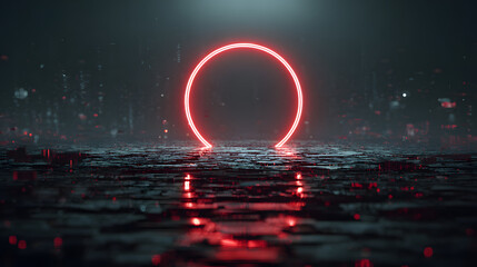 Sci-fi portal of red neon rings and glitch pixels floating in a void with glowing fragments