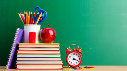 Ready for School Concept – Background with Books, Alarm Clock, and Stationery Accessories, Stock Photo