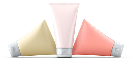 Set of Three Cosmetic Tubes – Skincare Cream or Lotion Packaging Mockup on White Background
