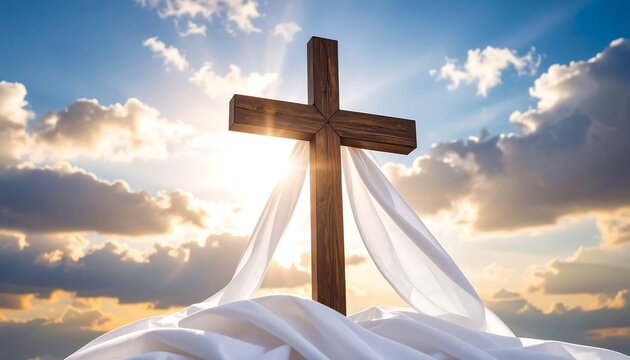 Wooden cross draped in white fabric at sunset