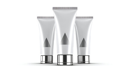 Three Silver Cosmetic Tubes – Elegant Skincare Packaging Mockup on White Background
