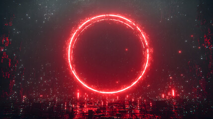 Sci-fi portal of red neon rings and glitch pixels floating in a void with glowing fragments