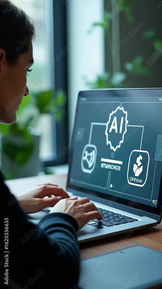 Poster ai ethics and governance in artificial intelligence. a person working on laptop with icons represent