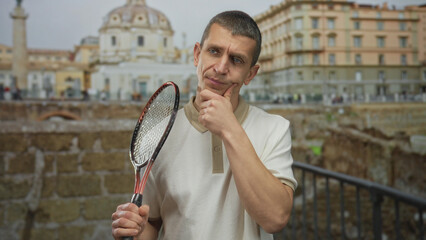 Man holding tennis racket thoughtfully stands near roman ruins showing contrast between sports and...