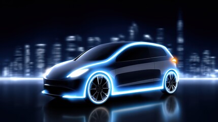 Fototapeta premium A sleek, futuristic car illuminated with blue neon lights, set against a city skyline at night, showcasing modern automotive design.