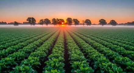 Green Crop Field at Colorful Sunrise with Rows of Trees