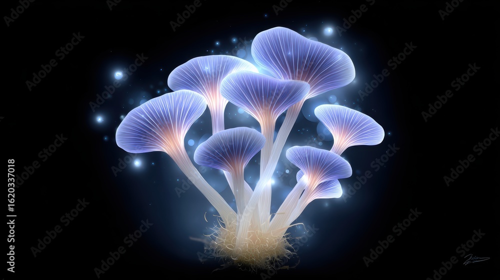 Poster a glowing cluster of ethereal mushrooms with luminescent caps and delicate stems, set against a dark