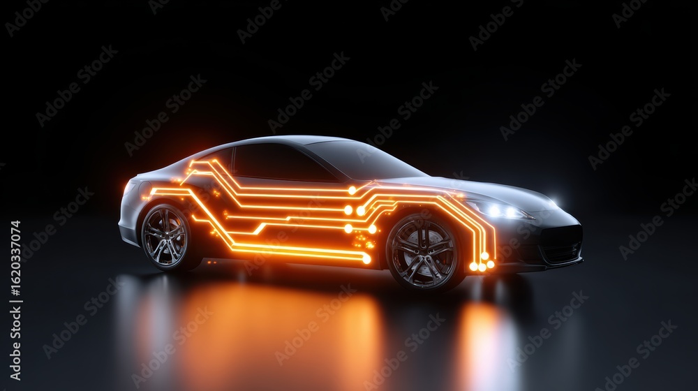 Poster a sleek car design illuminated with glowing circuit patterns, set against a dark background, showcas