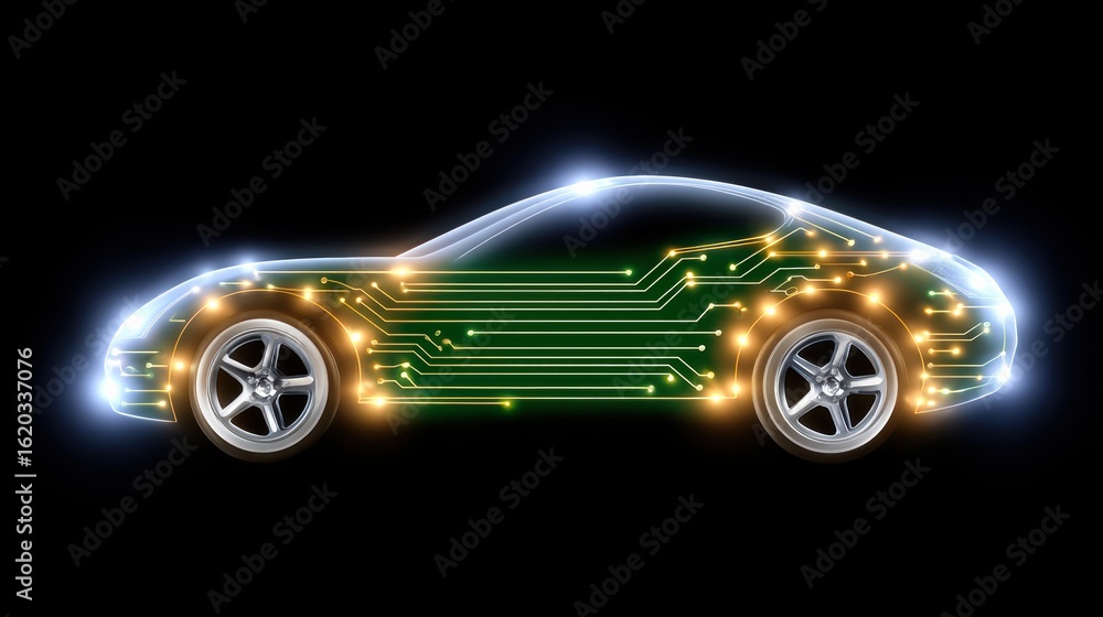 Poster a futuristic car silhouette illuminated with circuit patterns, symbolizing advanced technology and i