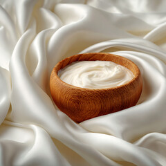 Wooden Bowl with White Cream on Luxurious Silk Fabric – Natural Skincare Concept
