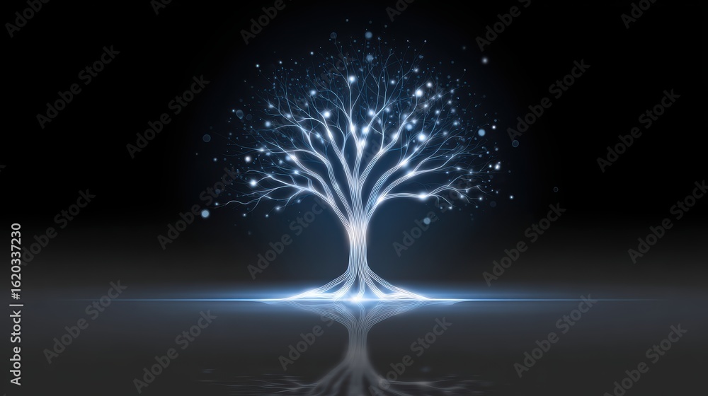 Poster a glowing, surreal tree with intricate branches and roots is set against a dark background, creating