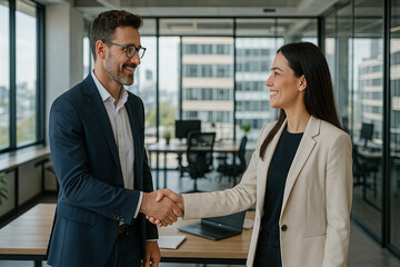 A man and a woman in a modern office shake hands. Meeting and getting acquainted in a business office, concluding a successful deal.