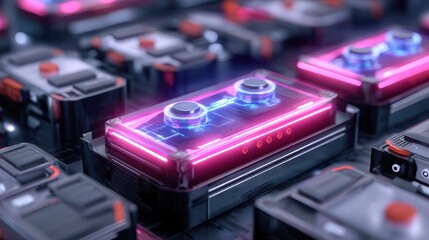 Futuristic battery design with glowing elements, set against a backdrop of similar technology, showcasing innovation and modernity.