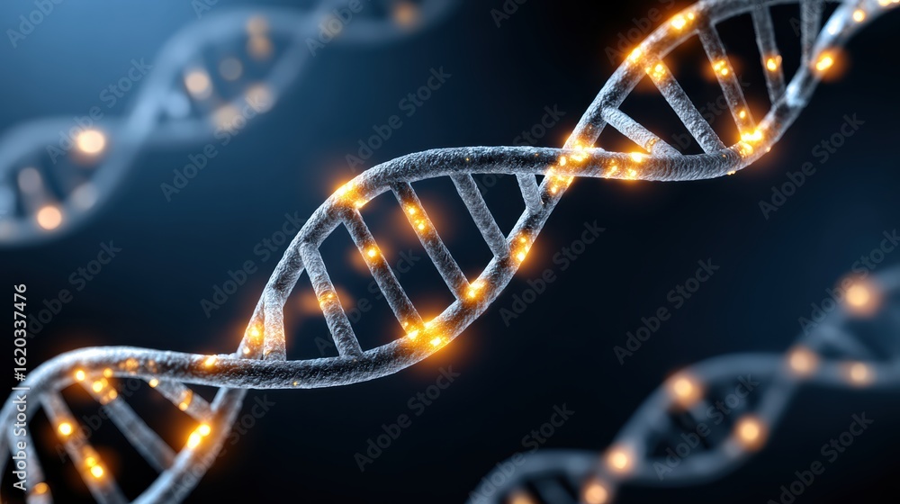 Poster a close-up of a dna double helix illuminated with glowing lights, representing genetic structure and