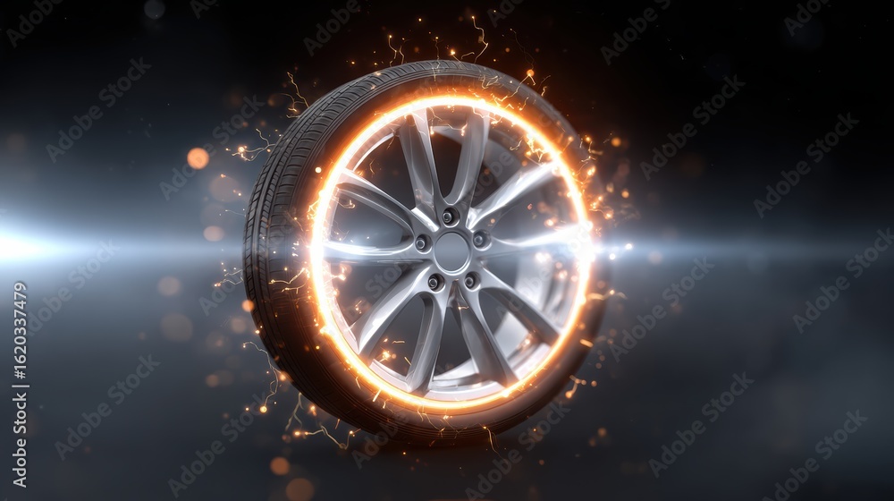 Poster a dynamic image of a tire with an illuminated, fiery rim effect, showcasing a blend of modern design