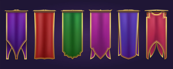 Set of flags in medieval or fantasy style. Fabric flag template with gold canvas, clean canvas with satin shine, heraldry elements, spectacular geometric fabric cut. For advertising, banner, bookmark.