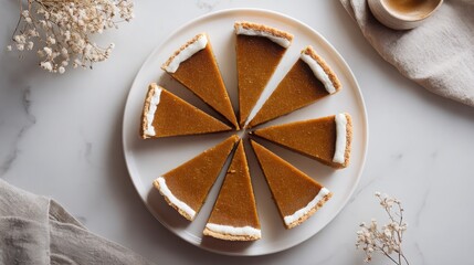 Top-down view of pumpkin pie slices in perfect symmetry on a white plate, simple autumn elegance.