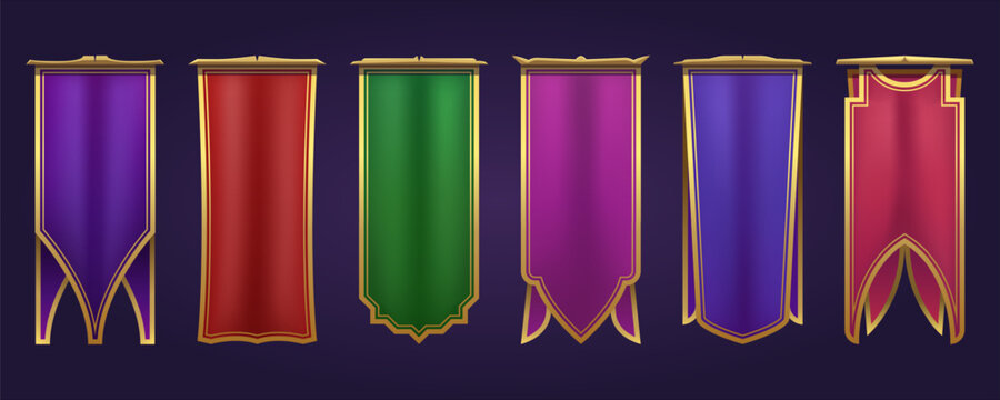 Set of flags in medieval or fantasy style. Fabric flag template with gold canvas, clean canvas with satin shine, heraldry elements, spectacular geometric fabric cut. For advertising, banner, bookmark.