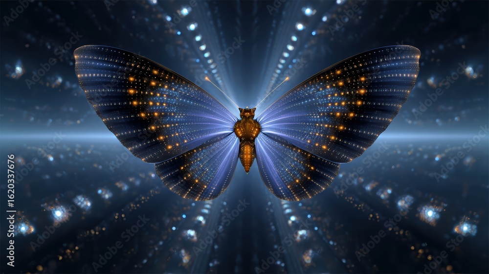Poster a vibrant digital butterfly with intricate patterns, glowing details, and a mesmerizing background, 