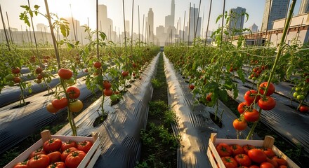 Ripe Red Tomatoes Growing in Urban Rooftop Garden at Sunrise