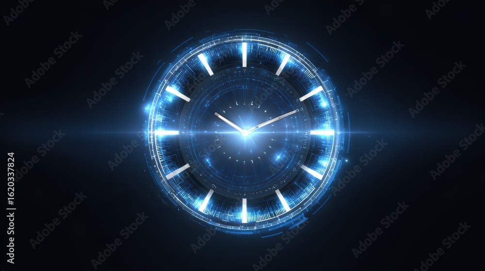 Poster a futuristic clock design illuminated with blue light on a dark background, symbolizing time and tec