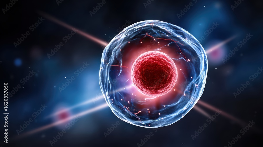 Poster a vibrant depiction of a cell, showcasing intricate structures with luminous energy patterns, repres
