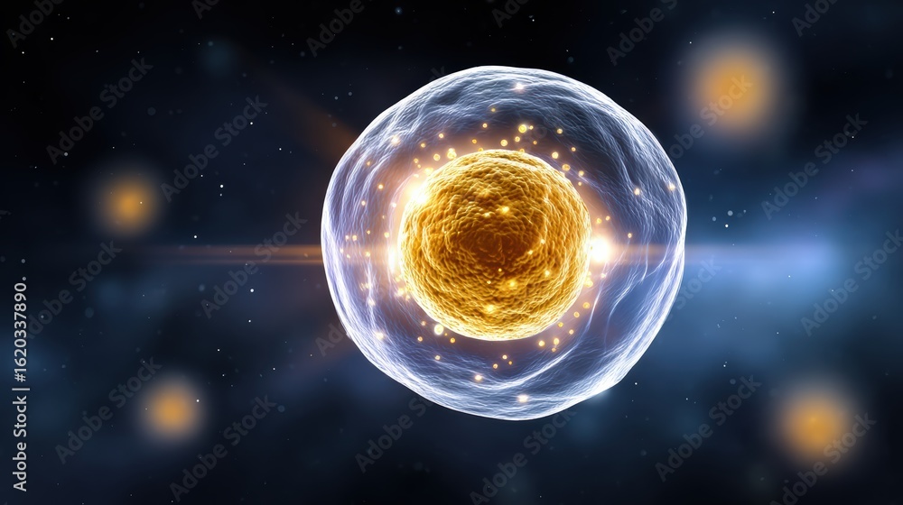 Poster a glowing cell surrounded by cosmic elements, illustrating the complexity and beauty of cellular str
