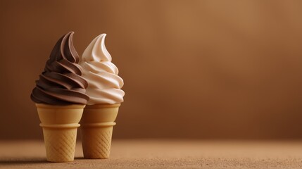 Chocolate and Vanilla Swirl Soft Serve Ice Cream in Cocoa Cone – Left Side with Warm Blurred Brown Background and Copy Space