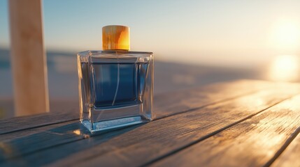 Close-Up of Transparent Perfume Bottle with Blue Liquid and Orange Cap – Soft Golden Sunset Light on Wooden Surface