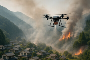 Fototapeta premium 森林火災に脅かされる山間集落上空の消防ドローン