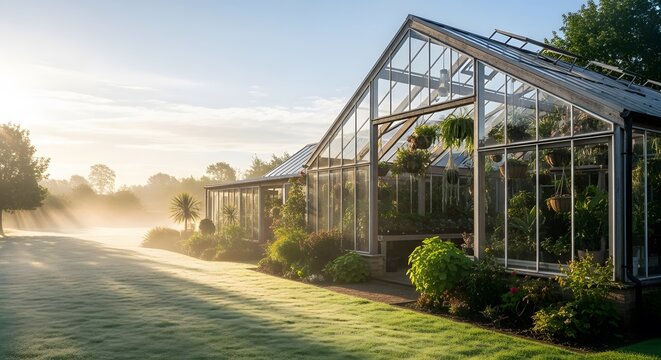 Sunny Greenhouse Exterior with Lush Green Lawn at Sunrise