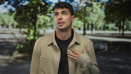 Man places hand touching chest in park as young hispanic guy displays sincerity and honesty in...