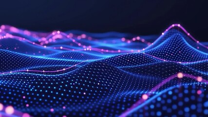 Abstract digital landscape of glowing, interconnected points and lines in vibrant blue and pink, forming undulating surfaces - Powered by Adobe