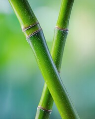 Obraz premium Close-Up of Two Fresh Green Bamboo Stalks with Natural Nodes – Diagonal on Soft Green and Blue Gradient Background