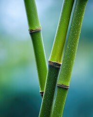 Close-Up of Two Fresh Green Bamboo Stalks with Natural Nodes – Diagonal on Soft Green and Blue Gradient Background