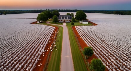 Rural Farm House Surrounded by White Fields Aerial View