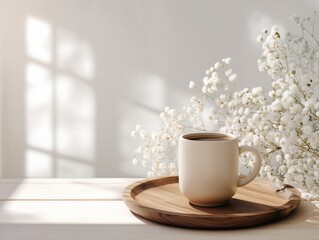 Coffee Cup on Wooden Tray by Window – Soft White Flowers and Sunlight Shadows with Copy Space

